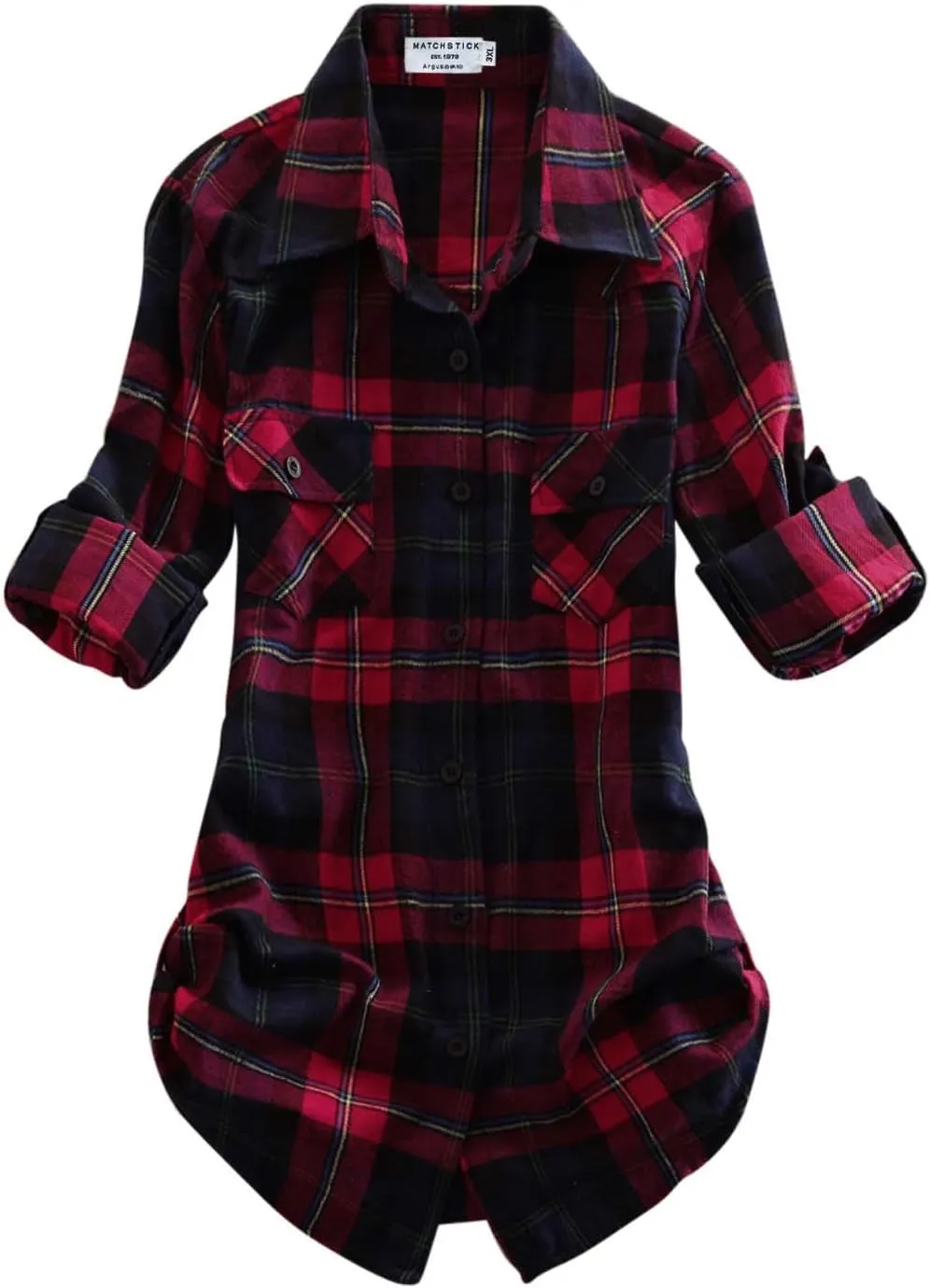 Match Womens Button Down Flannel Plaid Shirts roll up Long Sleeve Shackets Business Blouse Top