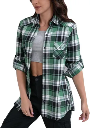 Match Womens Button Down Flannel Plaid Shirts roll up Long Sleeve Shackets Business Blouse Top