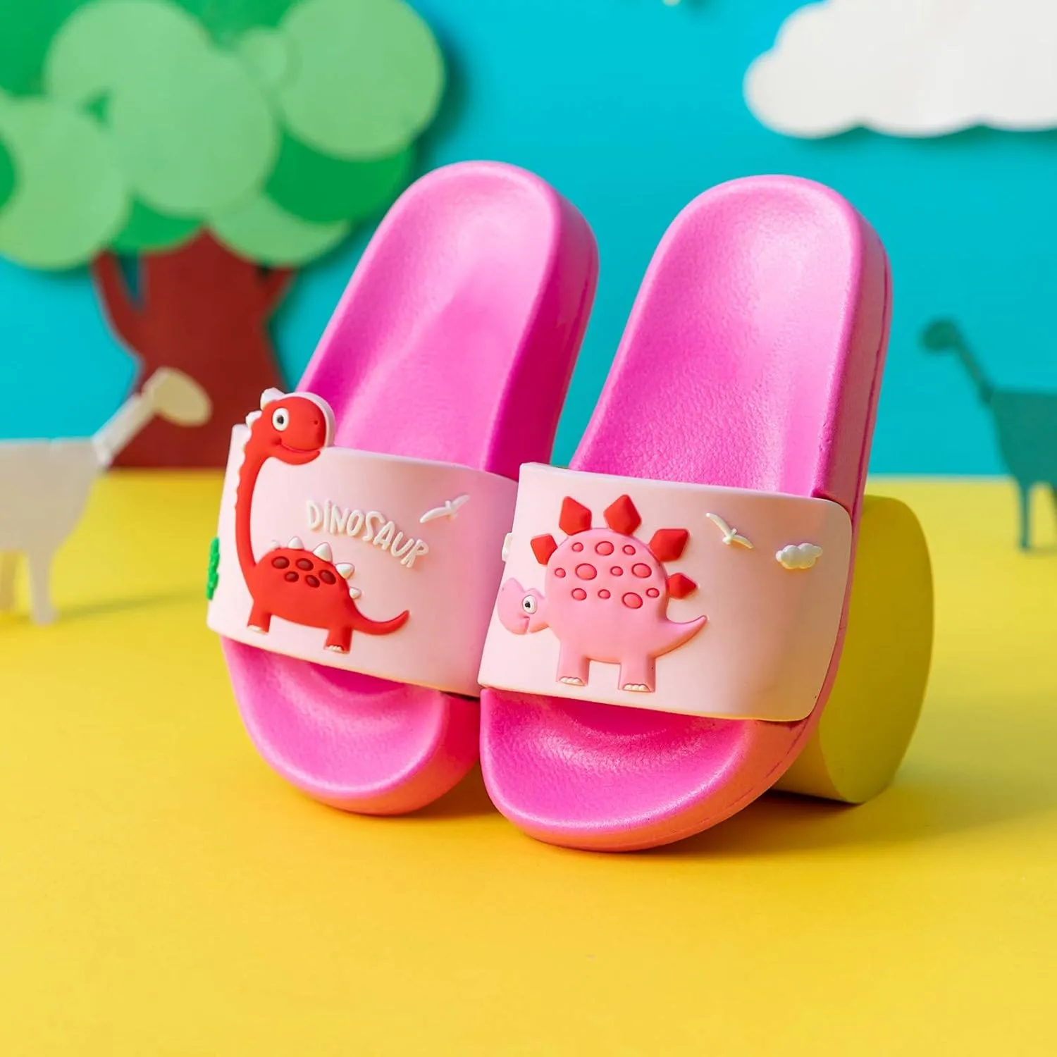 MEMON Toddler Little Kids Dinosaur Beach/Pool/Shower Slides/Anti-Skid Home Bath Slippers/Cute Summer Outdoor Shoes for Girls and Boys