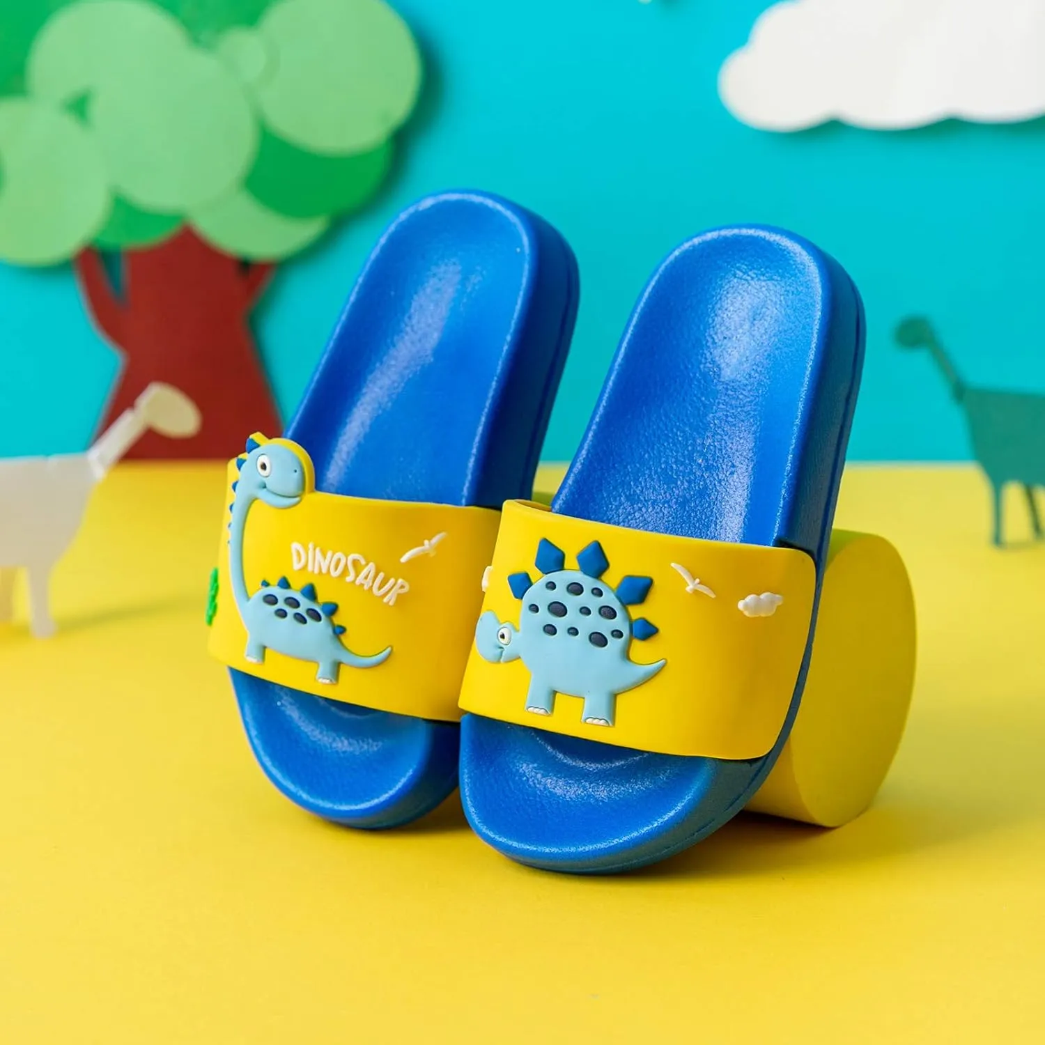 MEMON Toddler Little Kids Dinosaur Beach/Pool/Shower Slides/Anti-Skid Home Bath Slippers/Cute Summer Outdoor Shoes for Girls and Boys