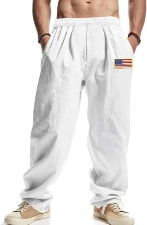 Men Summer Linen Pants USA Flag Splicing Hip Hop Pants Elastic Waist Drawstring Wide Leg Yoga Beach Trousers