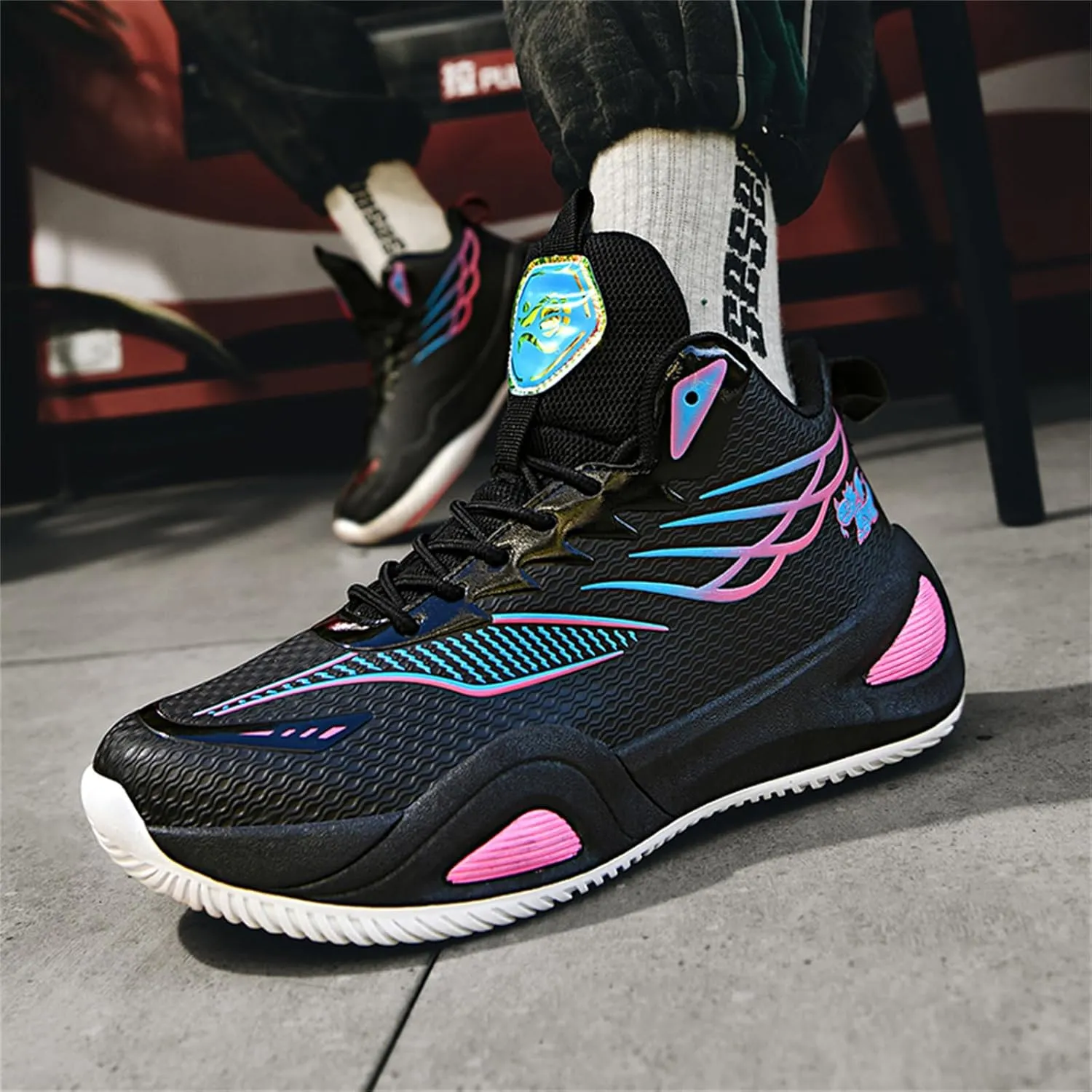 Mens Breathable Mesh Lace Up Basketball Shoes with Arch Support Non-Slip Comfortable High Top Sneakers Running Walking Tennis Shoes