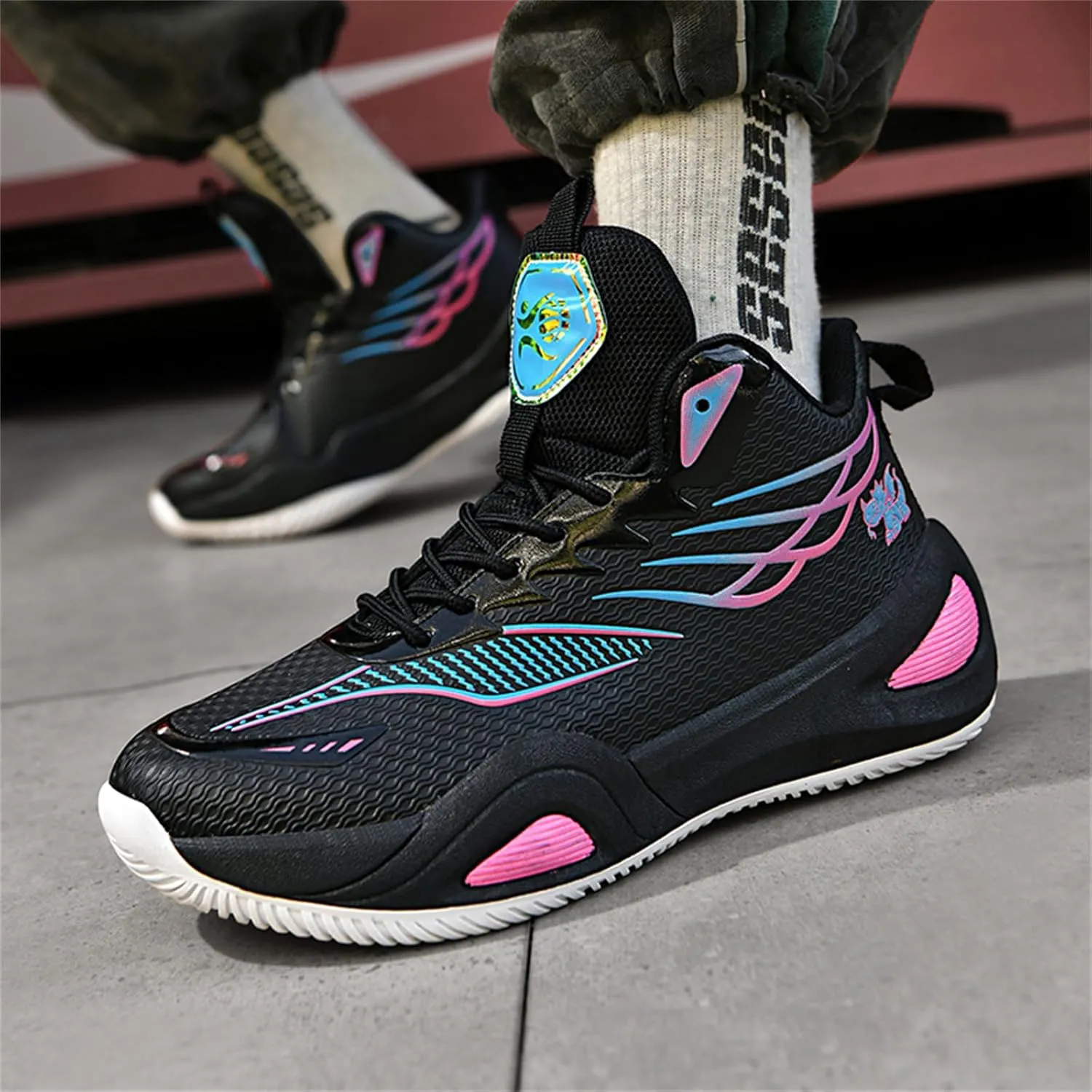 Mens Breathable Mesh Lace Up Basketball Shoes with Arch Support Non-Slip Comfortable High Top Sneakers Running Walking Tennis Shoes