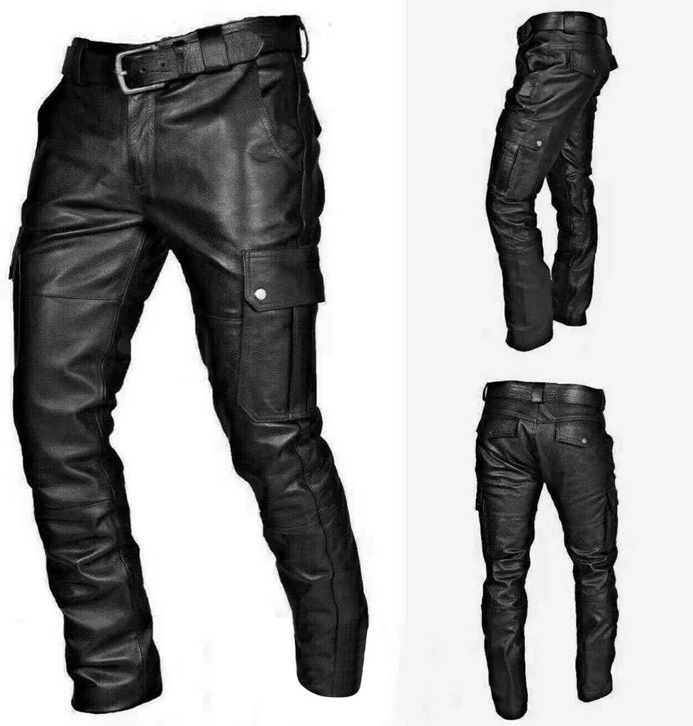 Men's Faux Leather Motorcycle Biker Pants - Steampunk, Goth, Punk, Retro, Hip Hop Trousers - Slim Fit