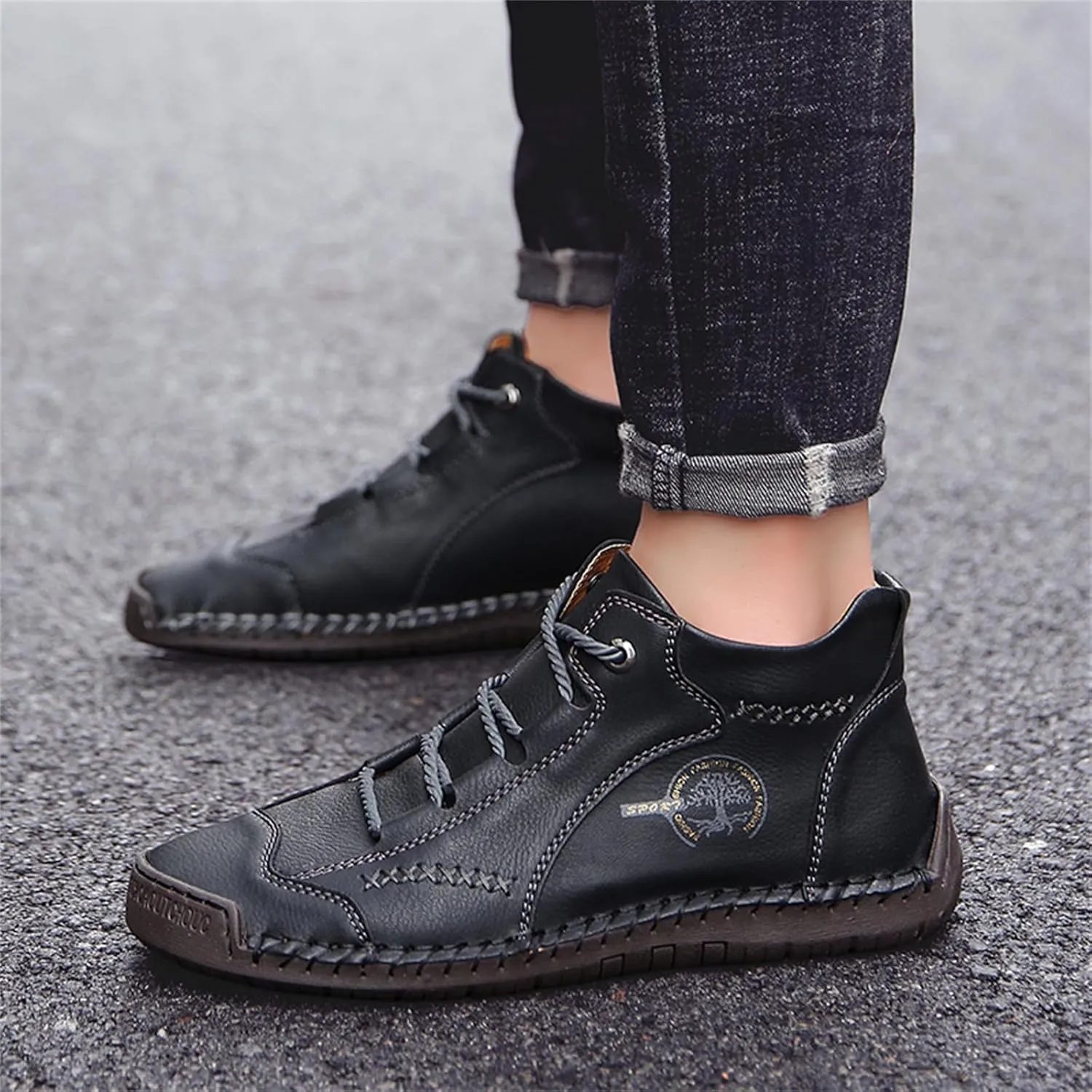 Mens Hand Stitching Leather Lace Up Ankle Boots Casual Vintage Non Slip Flats Arch Support Loafers for Hiking Walking Driving Chukka Boots