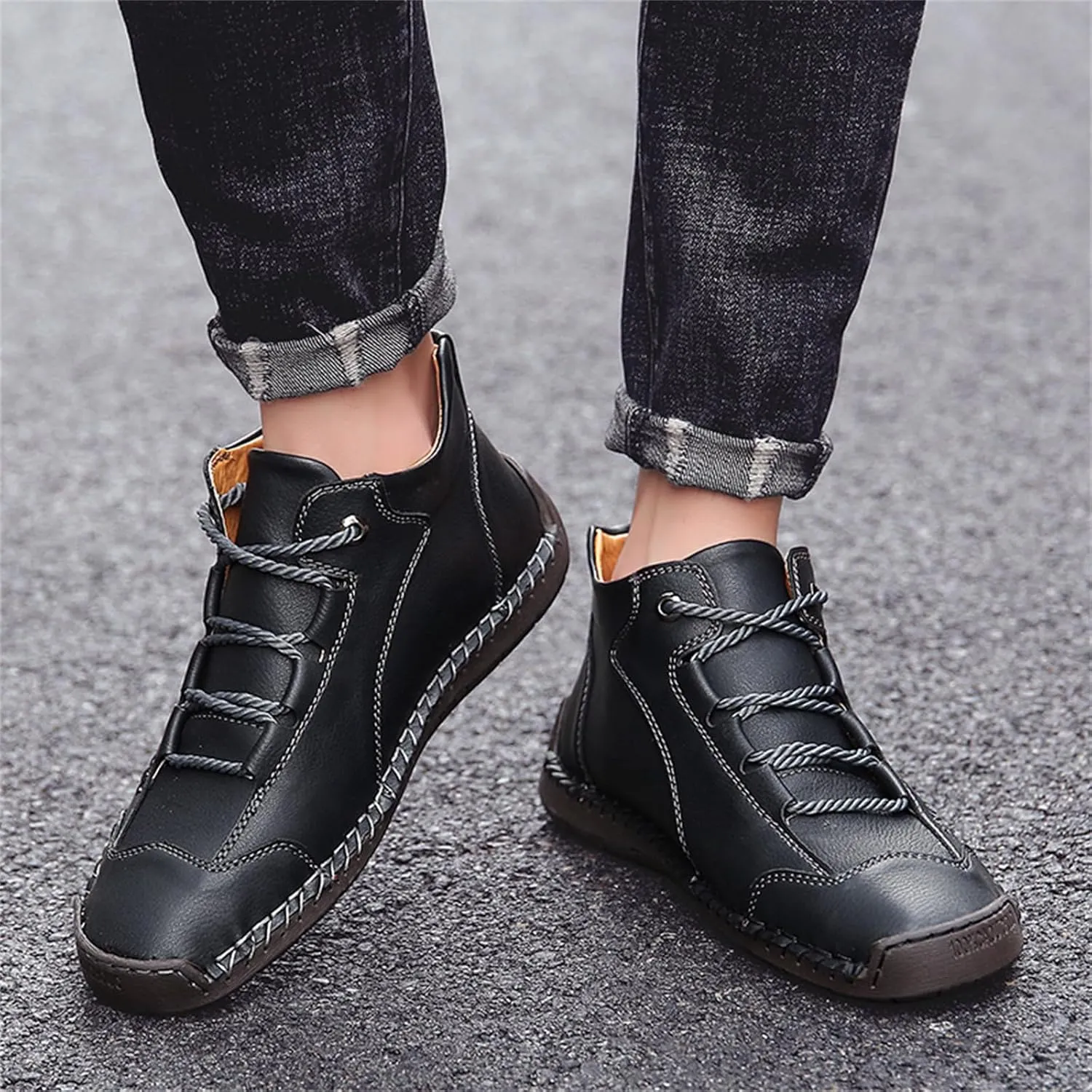 Mens Hand Stitching Leather Lace Up Ankle Boots Casual Vintage Non Slip Flats Arch Support Loafers for Hiking Walking Driving Chukka Boots