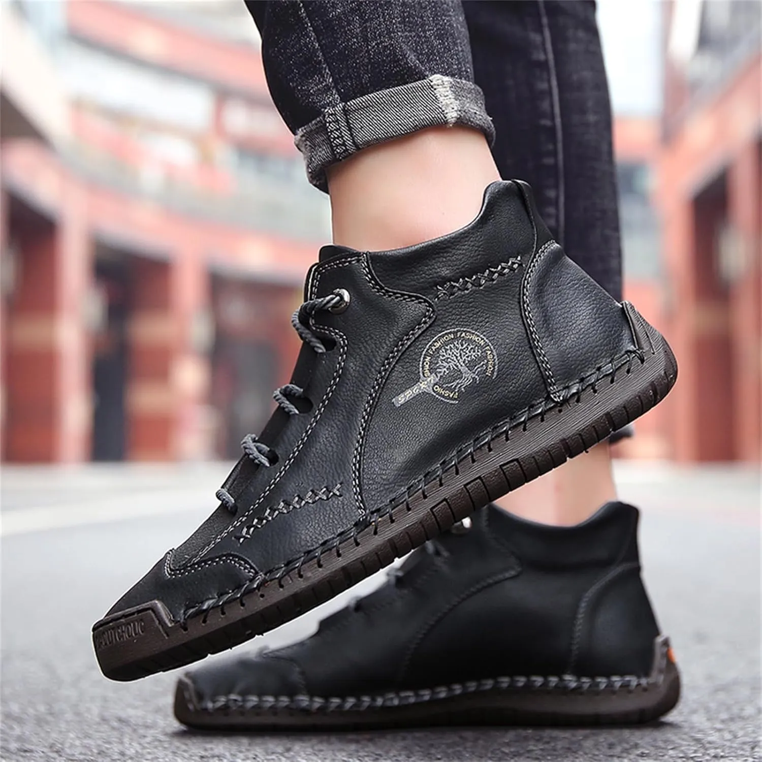 Mens Hand Stitching Leather Lace Up Ankle Boots Casual Vintage Non Slip Flats Arch Support Loafers for Hiking Walking Driving Chukka Boots