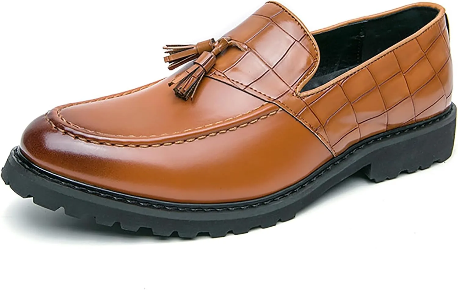 Men's Leather Platform Slip On Tassel Loafers Luxury Splicing Round Toe Lug Sole Non-Slip Dress Party Leather Shoes for Business Work Wedding Casual