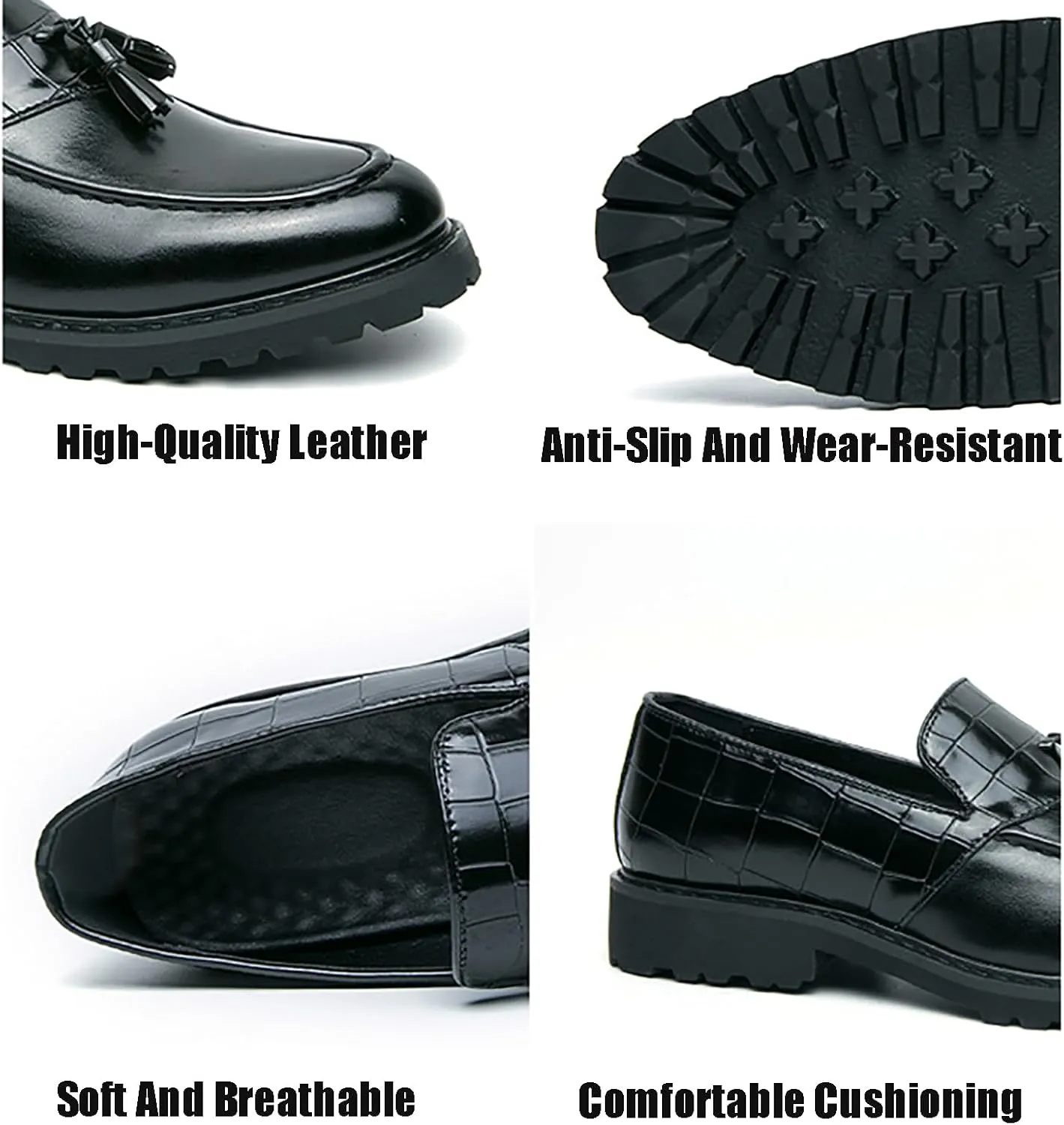 Men's Leather Platform Slip On Tassel Loafers Luxury Splicing Round Toe Lug Sole Non-Slip Dress Party Leather Shoes for Business Work Wedding Casual
