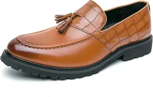 Men's Leather Platform Slip On Tassel Loafers Luxury Splicing Round Toe Lug Sole Non-Slip Dress Party Leather Shoes for Business Work Wedding Casual