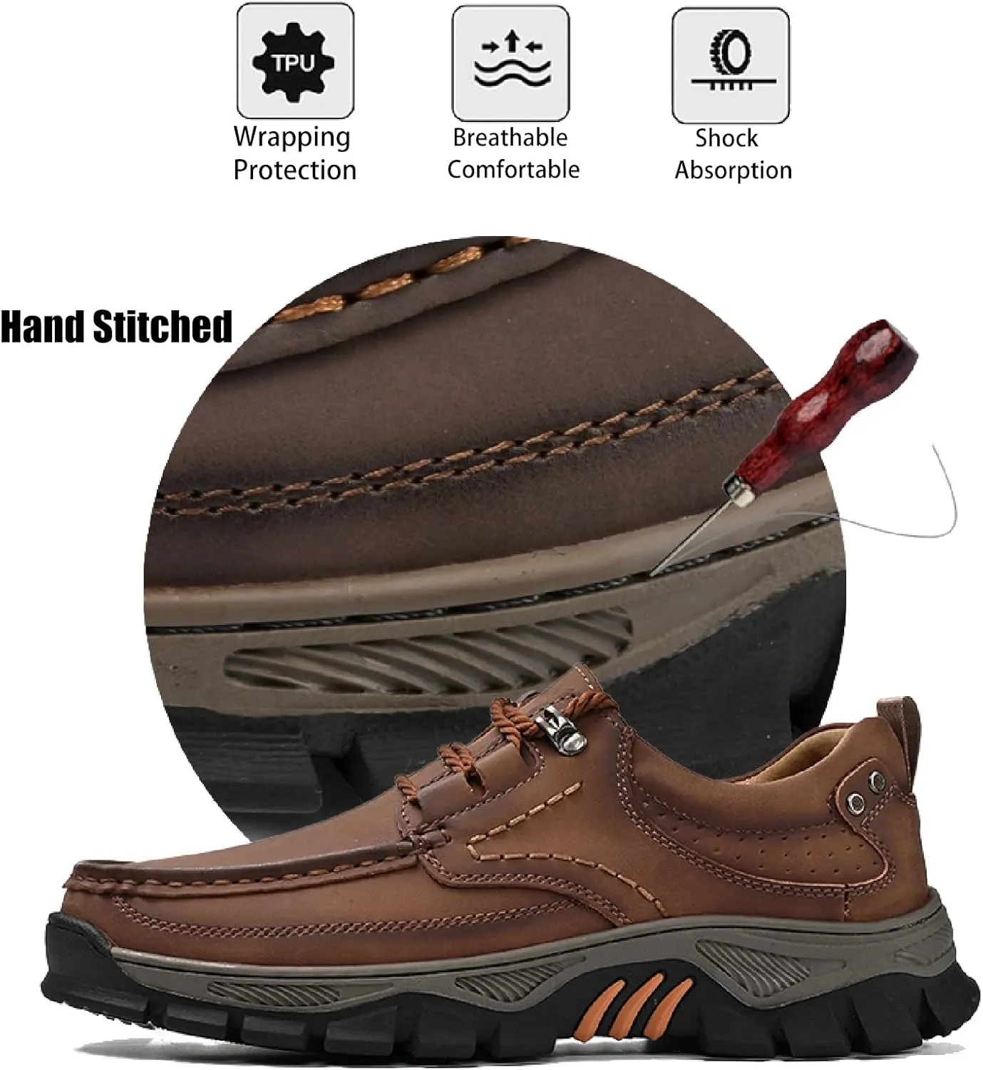 Men's Leather Waterproof Platform Hiking Shoes Retro Comfortable Arch Support Lace Up Casual Sneakers Outdoor Anti-Slip Trailing Camping Walking Shoes