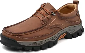 Men's Leather Waterproof Platform Hiking Shoes Retro Comfortable Arch Support Lace Up Casual Sneakers Outdoor Anti-Slip Trailing Camping Walking Shoes