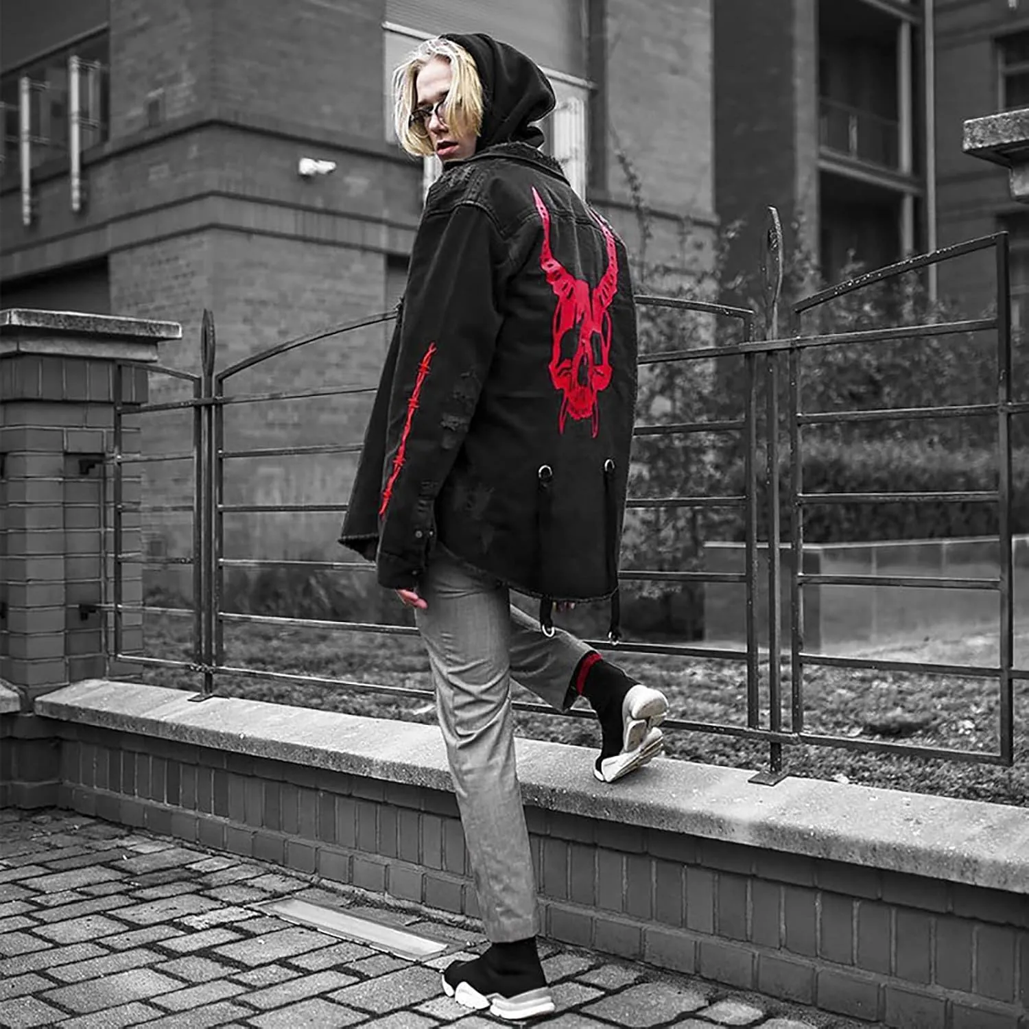 Men's Skull/Cobra Demin Jacket Hip-Hop Casual Street Outwear Street Trend Embroidery Cyberpunk Style Coat Black
