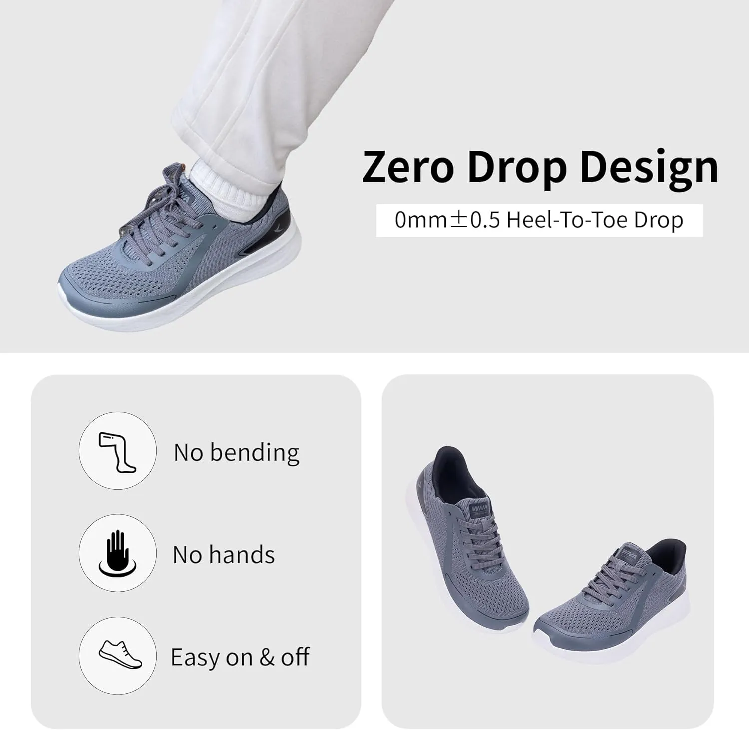 Mens Wide Toe Walking Shoes | Zero Drop Minimalist Tennis Sneakers for Men | Slip On Arch Support Orthotic Shoes for Plantar Fasciitis