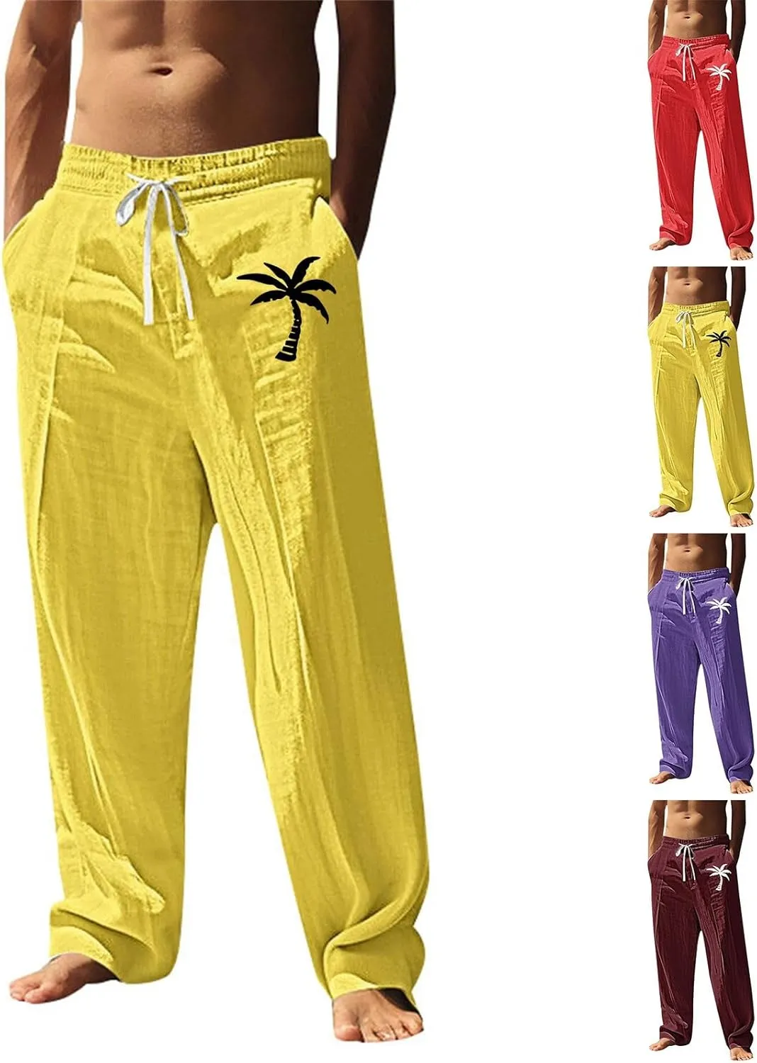 Mens Workout Pants Linen Elastic Waist Breathable Quick Dry Lounge Sweatpants Fun Beach Trousers Casual Summer Pants