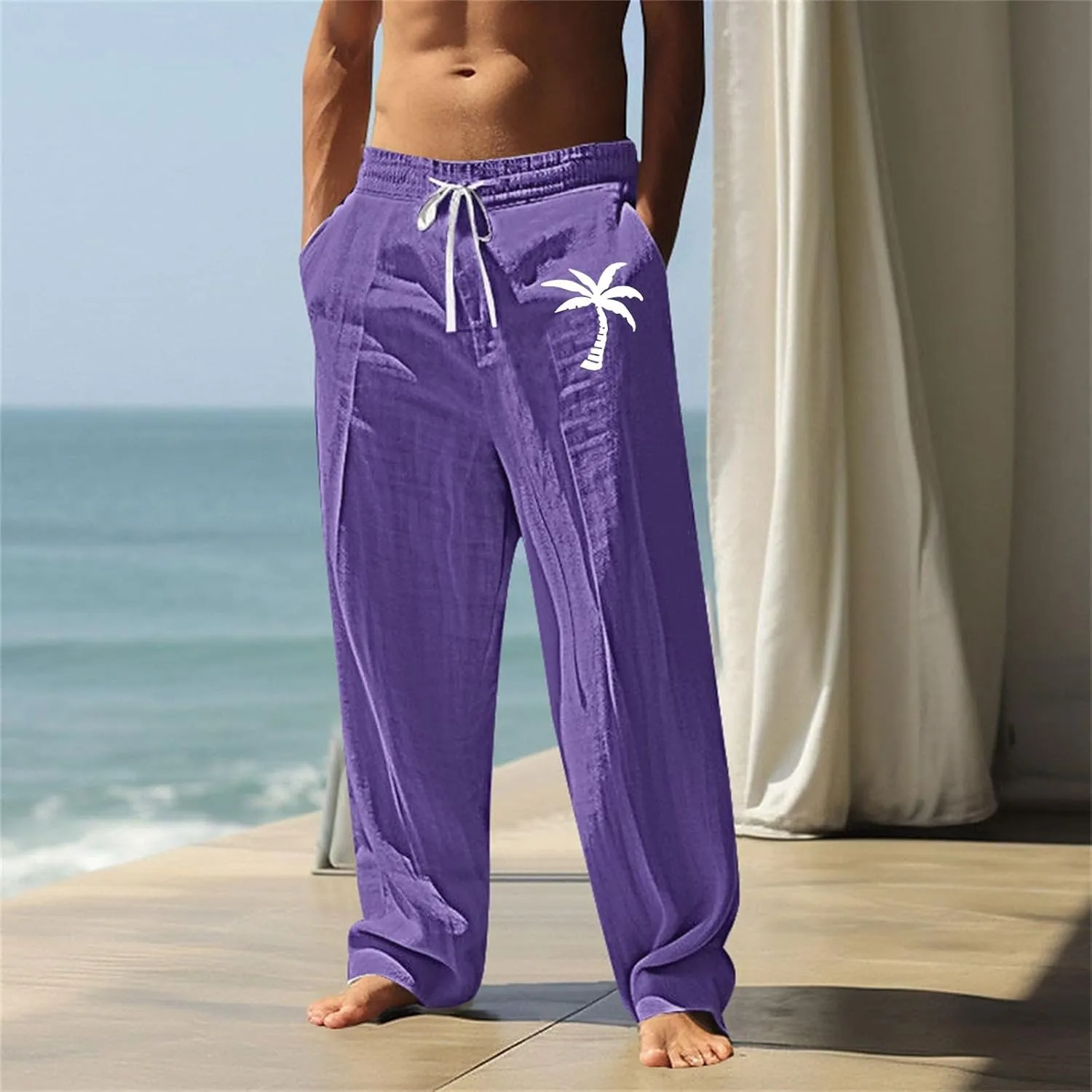 Mens Workout Pants Linen Elastic Waist Breathable Quick Dry Lounge Sweatpants Fun Beach Trousers Casual Summer Pants
