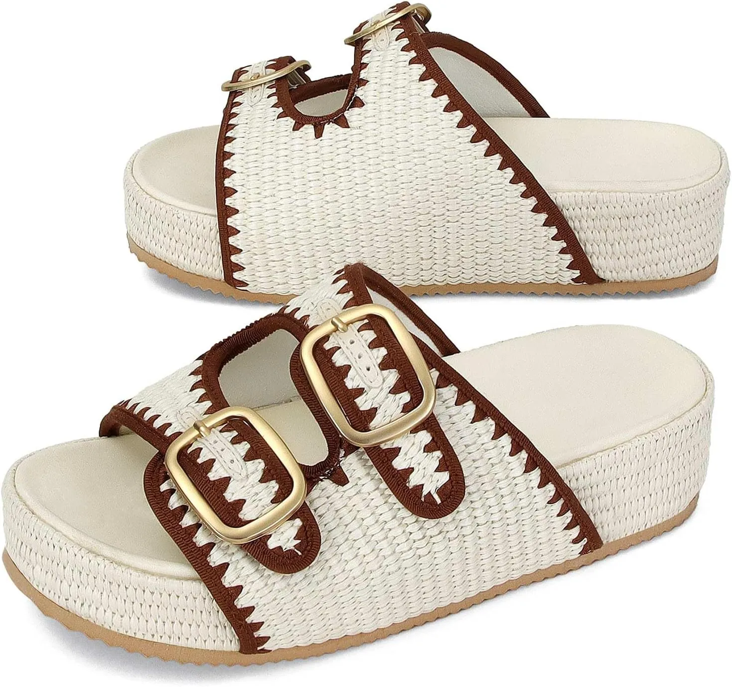 MICIFA Platform Sandals for Women Espadrille Wedges Summer Beach Sandals Comfortable Cute Woven Straw Crochet Sandals Shoes Casual Adjustable Double Buckle Strap Sandals