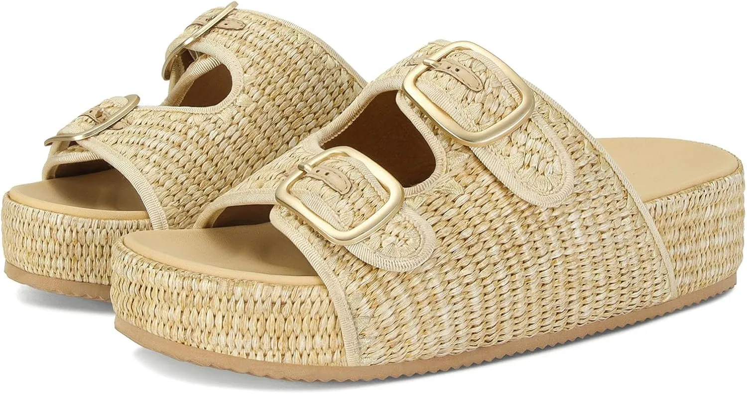 MICIFA Platform Sandals for Women Espadrille Wedges Summer Beach Sandals Comfortable Cute Woven Straw Crochet Sandals Shoes Casual Adjustable Double Buckle Strap Sandals