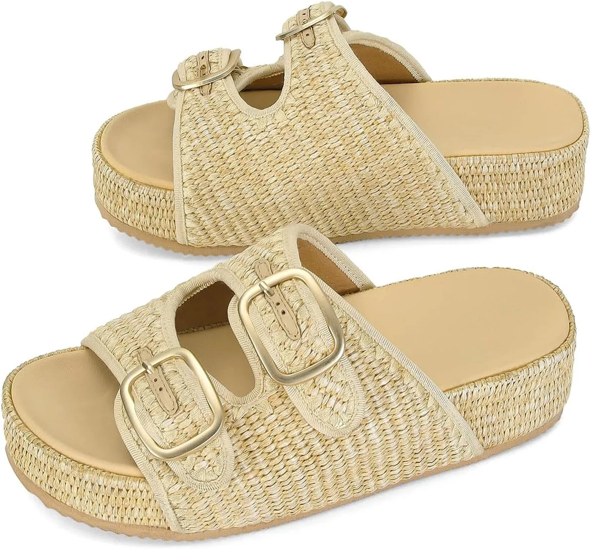 MICIFA Platform Sandals for Women Espadrille Wedges Summer Beach Sandals Comfortable Cute Woven Straw Crochet Sandals Shoes Casual Adjustable Double Buckle Strap Sandals