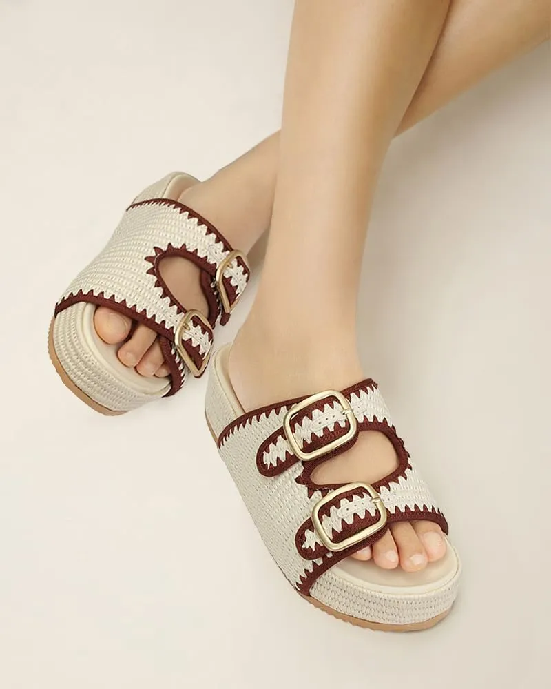 MICIFA Platform Sandals for Women Espadrille Wedges Summer Beach Sandals Comfortable Cute Woven Straw Crochet Sandals Shoes Casual Adjustable Double Buckle Strap Sandals