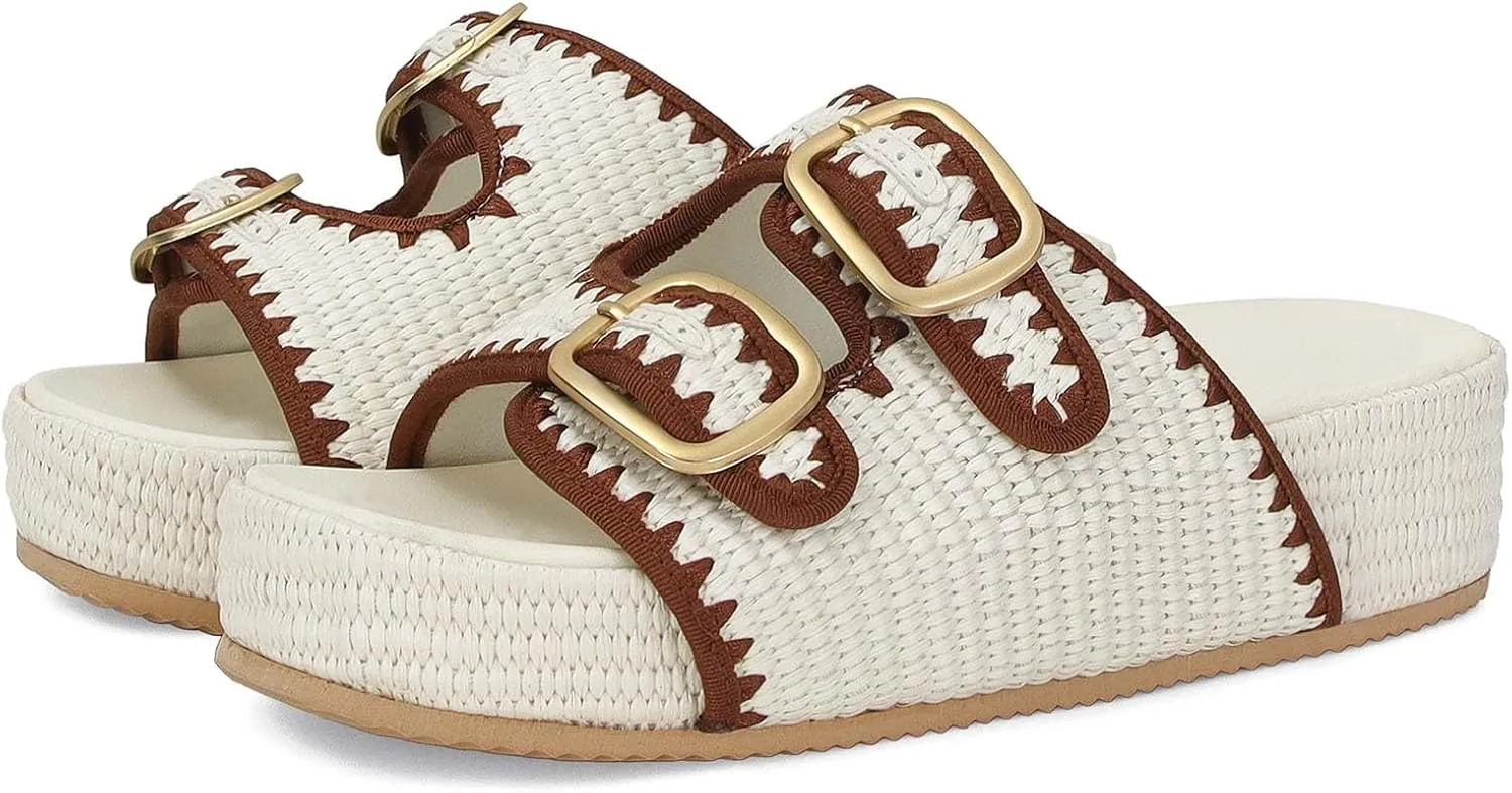 MICIFA Platform Sandals for Women Espadrille Wedges Summer Beach Sandals Comfortable Cute Woven Straw Crochet Sandals Shoes Casual Adjustable Double Buckle Strap Sandals