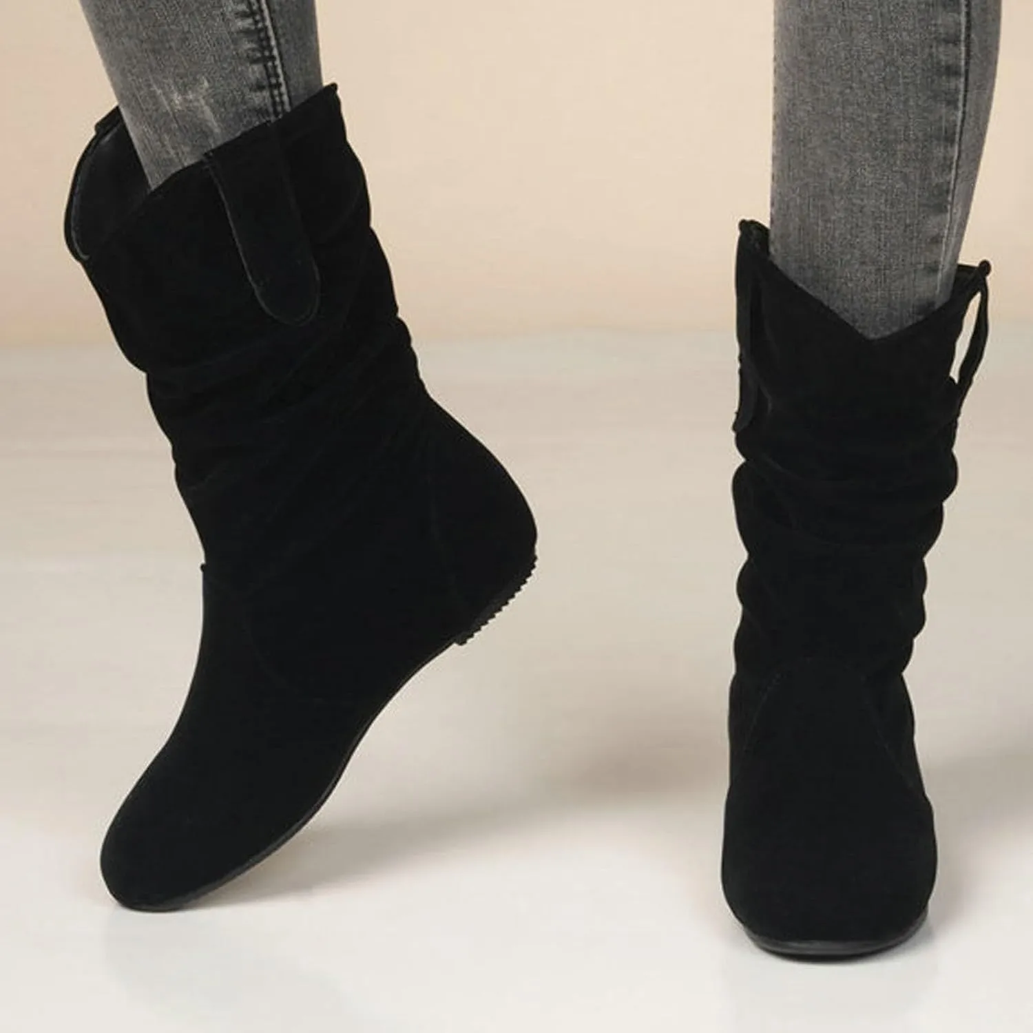 Mid Calf Booties for Women Fashion Office Leather Boots Almond Toe Western Cowgirl Cowboy Bootie Solid Casual Fall Short Boots