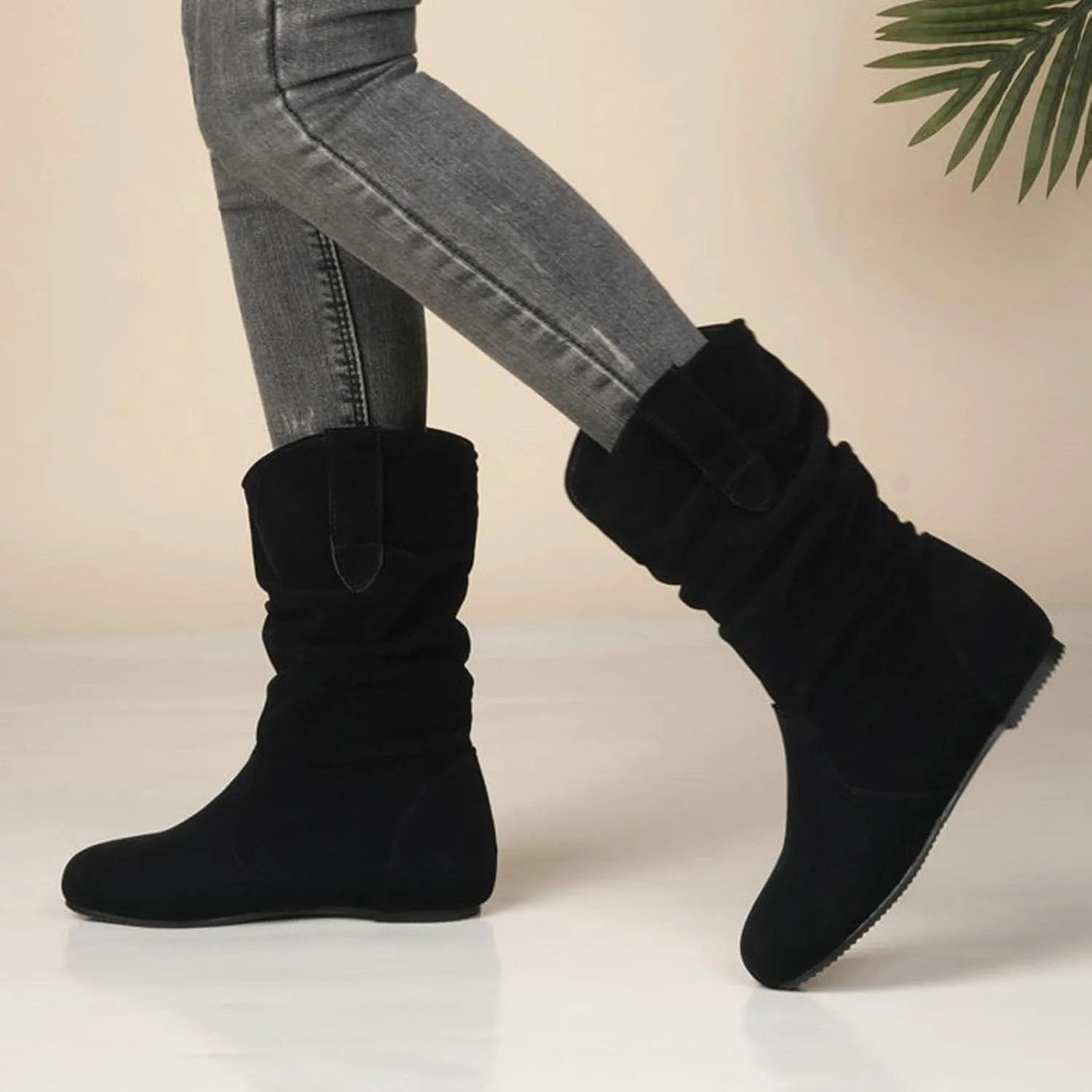 Mid Calf Booties for Women Fashion Office Leather Boots Almond Toe Western Cowgirl Cowboy Bootie Solid Casual Fall Short Boots