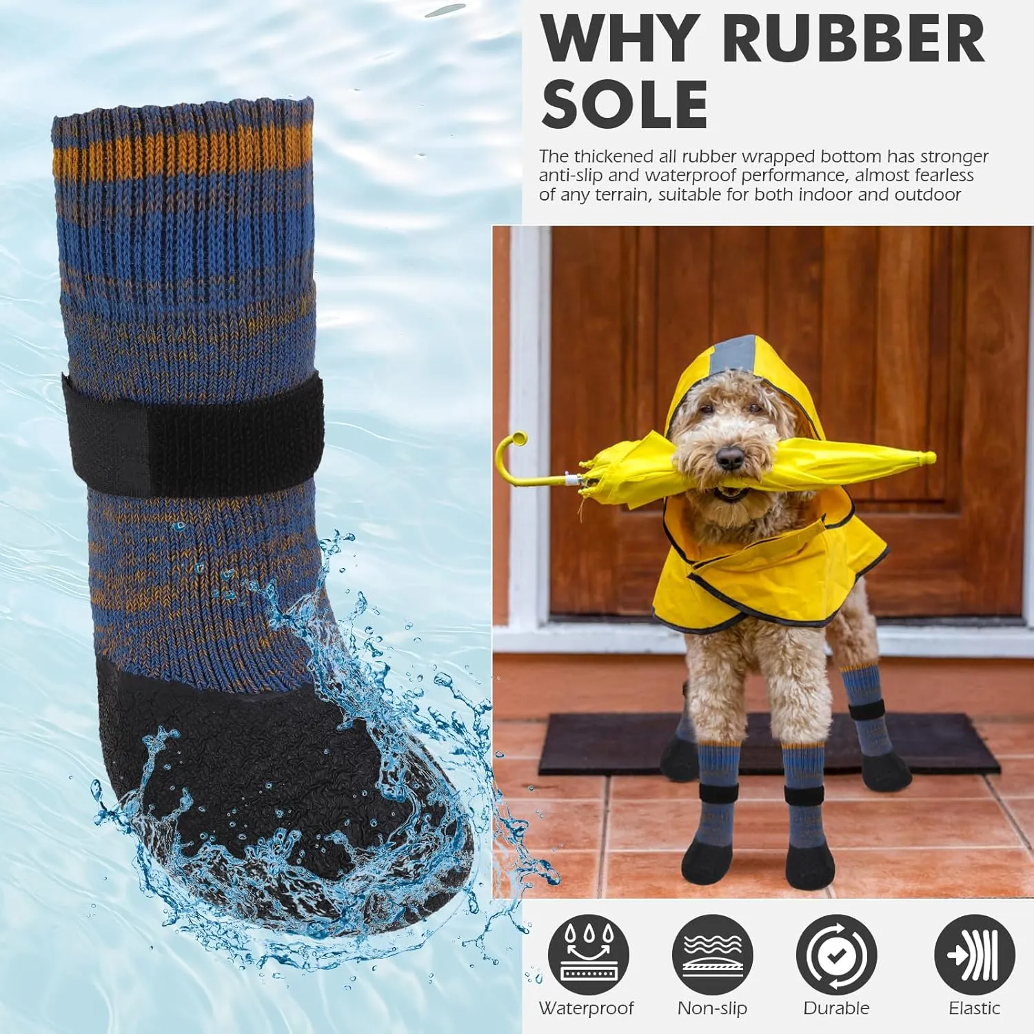 Mihachi Anti Slip Dog Socks, Dog Boots for Hardwood Floors Prevent Licking, Traction Control Waterproof Rubber Sole Paw Protectors for Small Medium Large Dogs, Blue Small