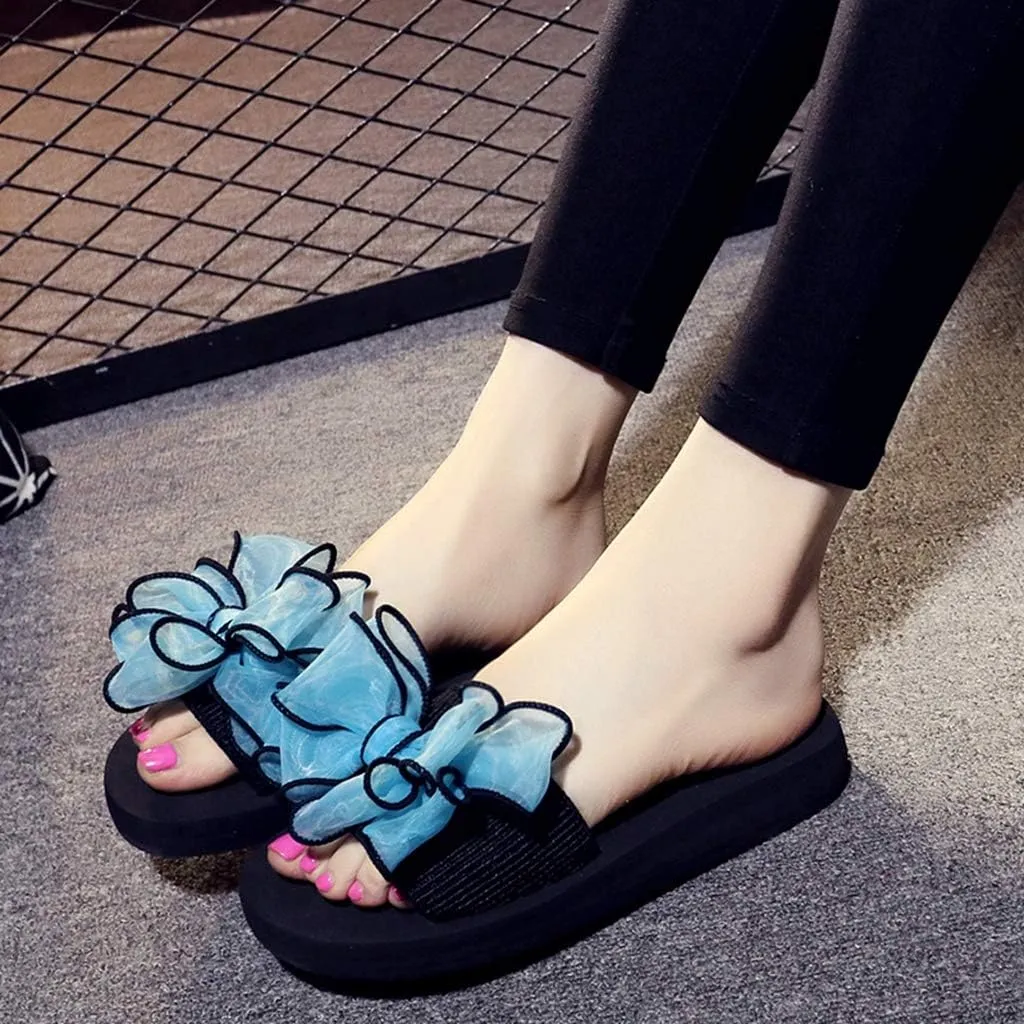 MIOKE Women's Bohemian Bowknot Flat Slide Sandals Fashion Comfort Anti-Slip Platform Summer Beach Sandals