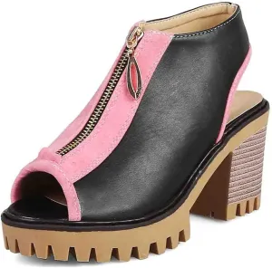 MIOKE Women's Chunky Stacked High Heel Sandals Peep Toe Front Zipper Cutout Platform Block Heeled Sandal