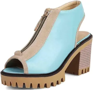 MIOKE Women's Chunky Stacked High Heel Sandals Peep Toe Front Zipper Cutout Platform Block Heeled Sandal