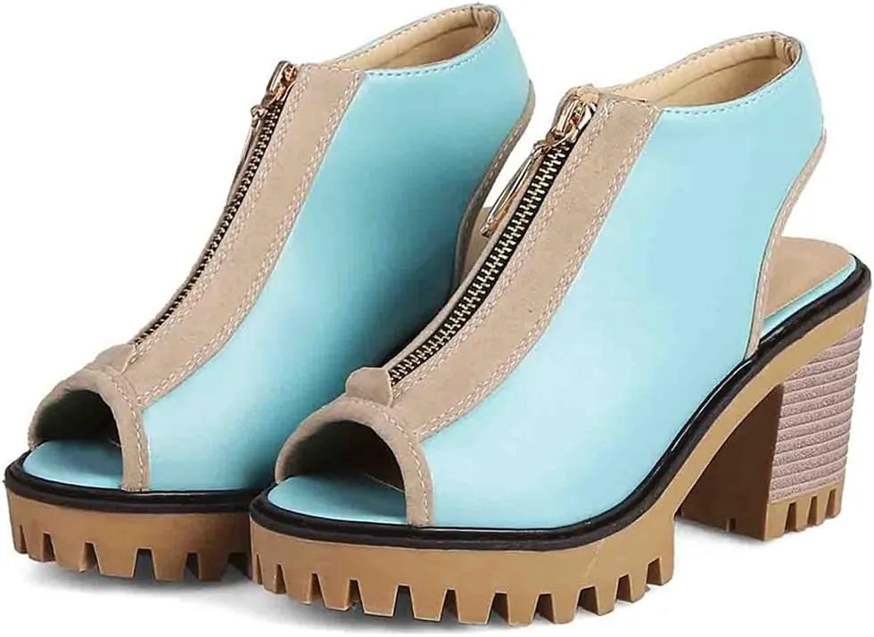 MIOKE Women's Chunky Stacked High Heel Sandals Peep Toe Front Zipper Cutout Platform Block Heeled Sandal