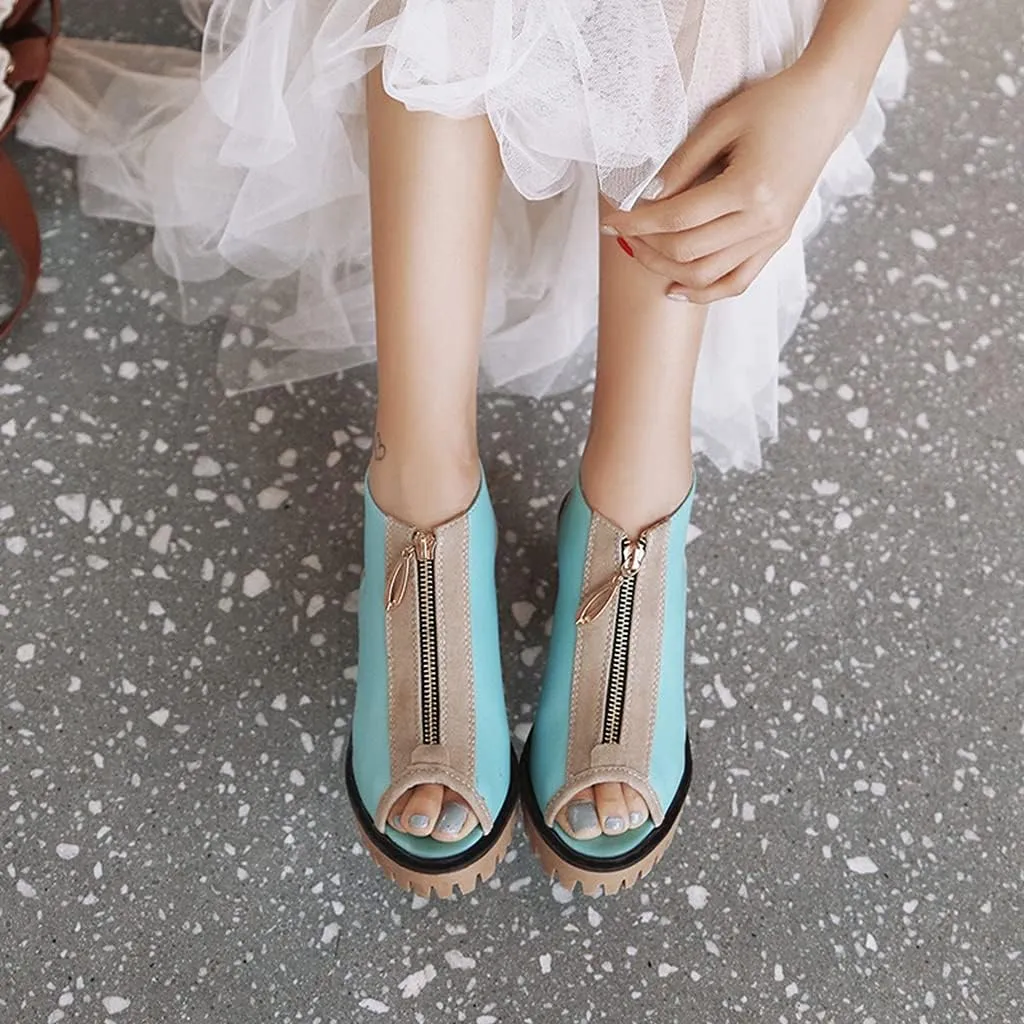 MIOKE Women's Chunky Stacked High Heel Sandals Peep Toe Front Zipper Cutout Platform Block Heeled Sandal