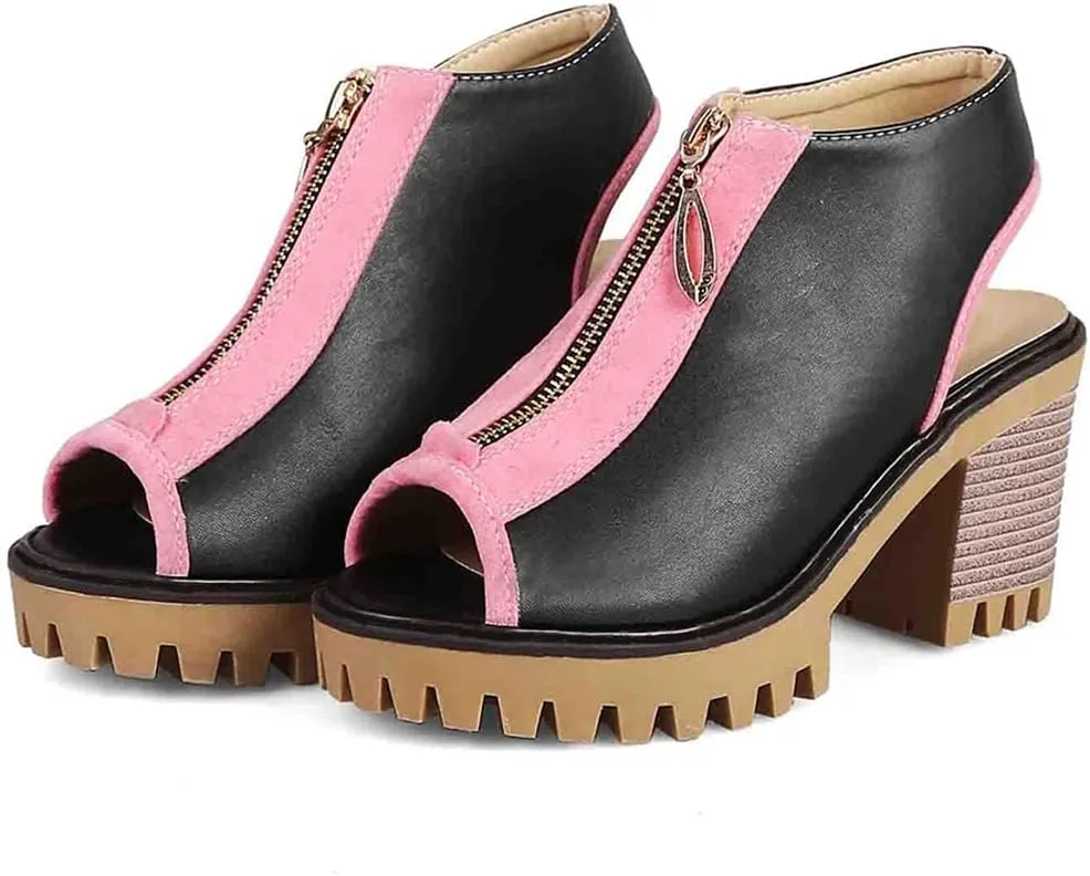 MIOKE Women's Chunky Stacked High Heel Sandals Peep Toe Front Zipper Cutout Platform Block Heeled Sandal