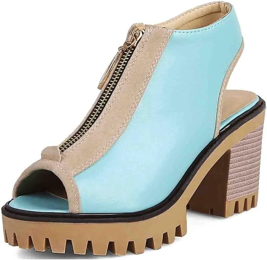 MIOKE Women's Chunky Stacked High Heel Sandals Peep Toe Front Zipper Cutout Platform Block Heeled Sandal