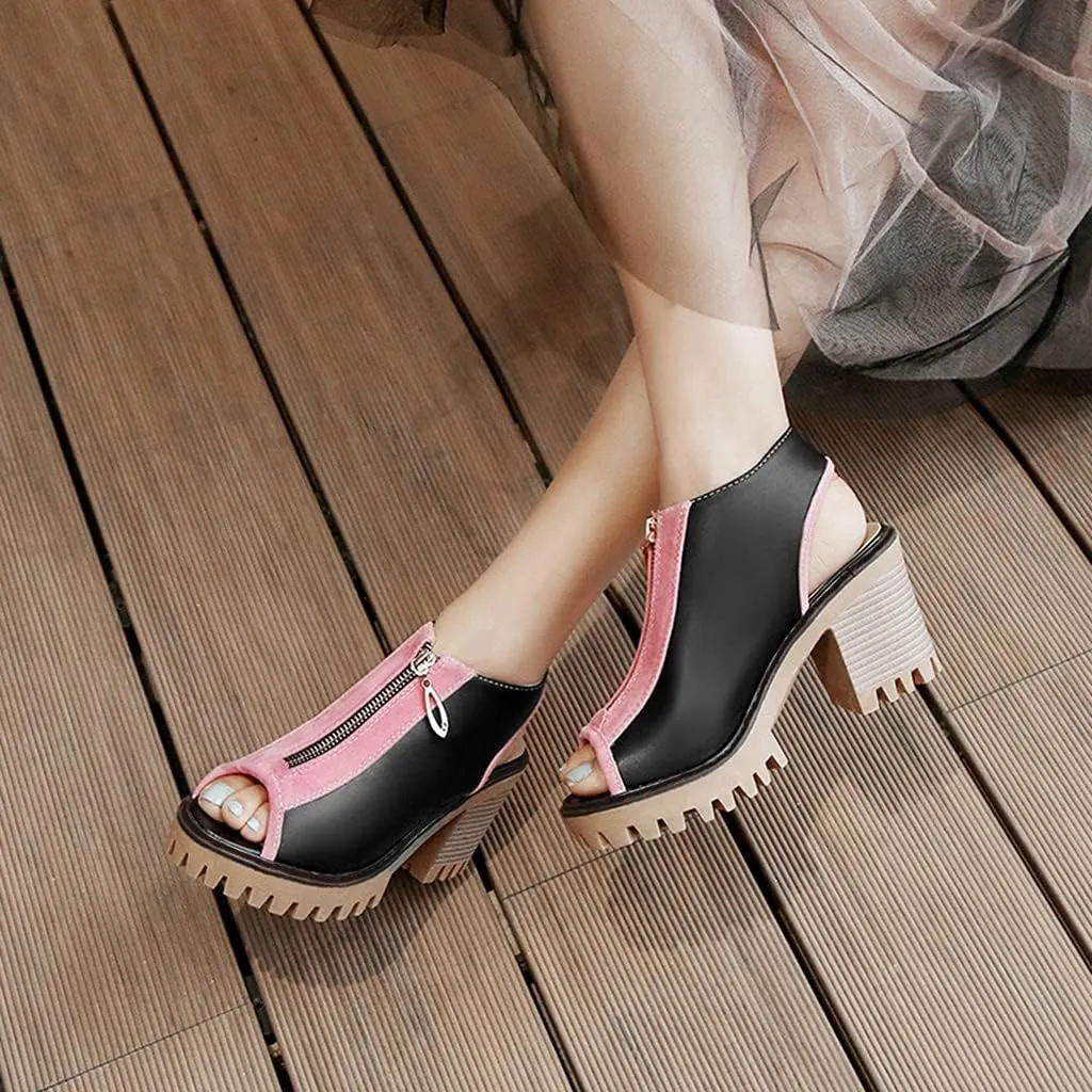 MIOKE Women's Chunky Stacked High Heel Sandals Peep Toe Front Zipper Cutout Platform Block Heeled Sandal