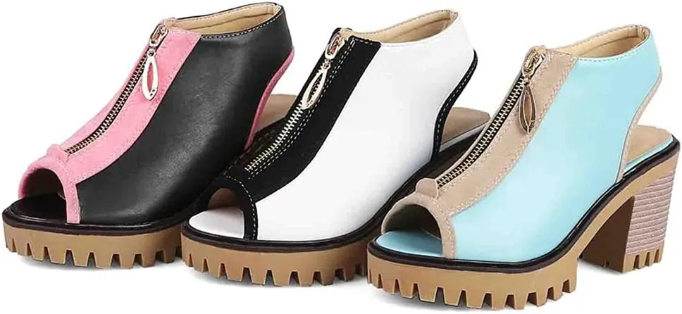 MIOKE Women's Chunky Stacked High Heel Sandals Peep Toe Front Zipper Cutout Platform Block Heeled Sandal