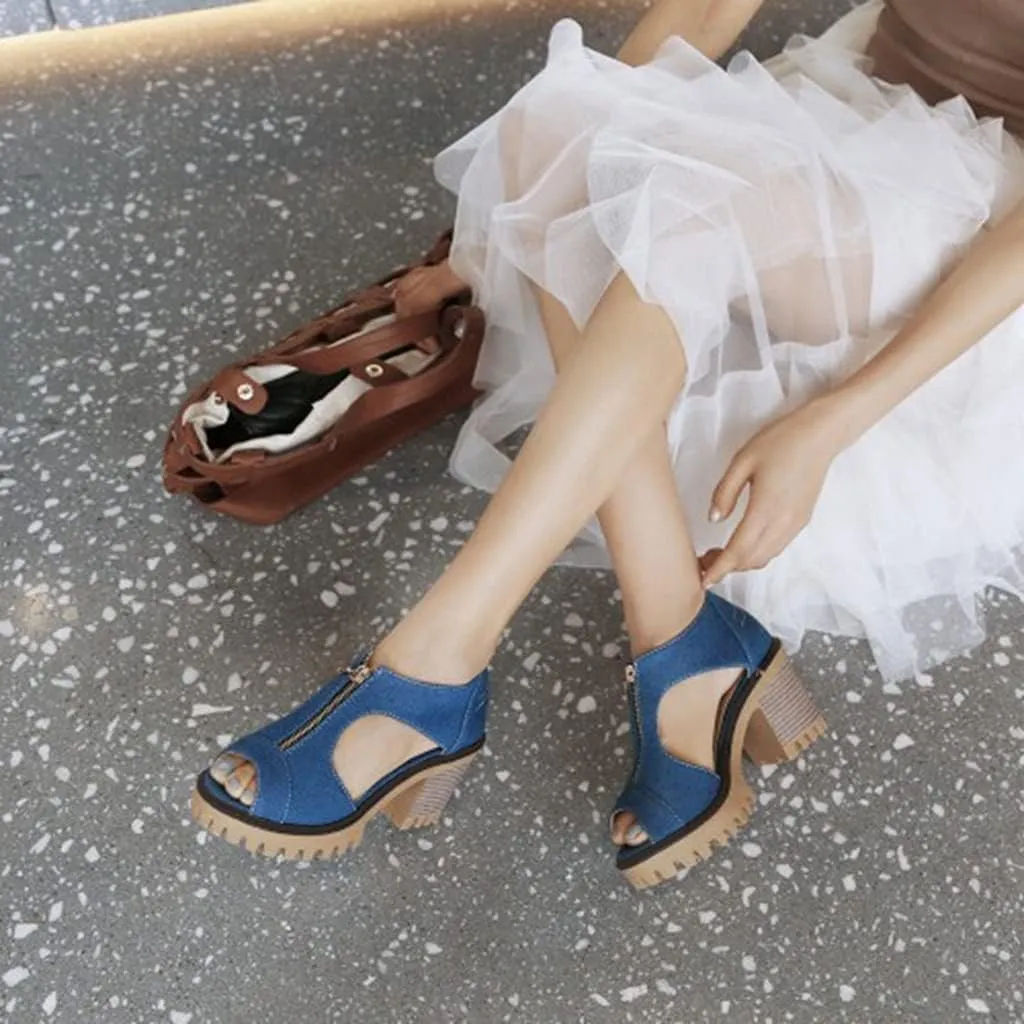 MIOKE Women's Chunky Stacked High Heels Sandals Peep Toe Denim Zipper Summer Platform Block Heeled Sandal