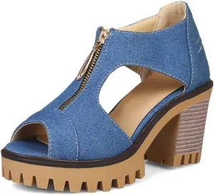 MIOKE Women's Chunky Stacked High Heels Sandals Peep Toe Denim Zipper Summer Platform Block Heeled Sandal