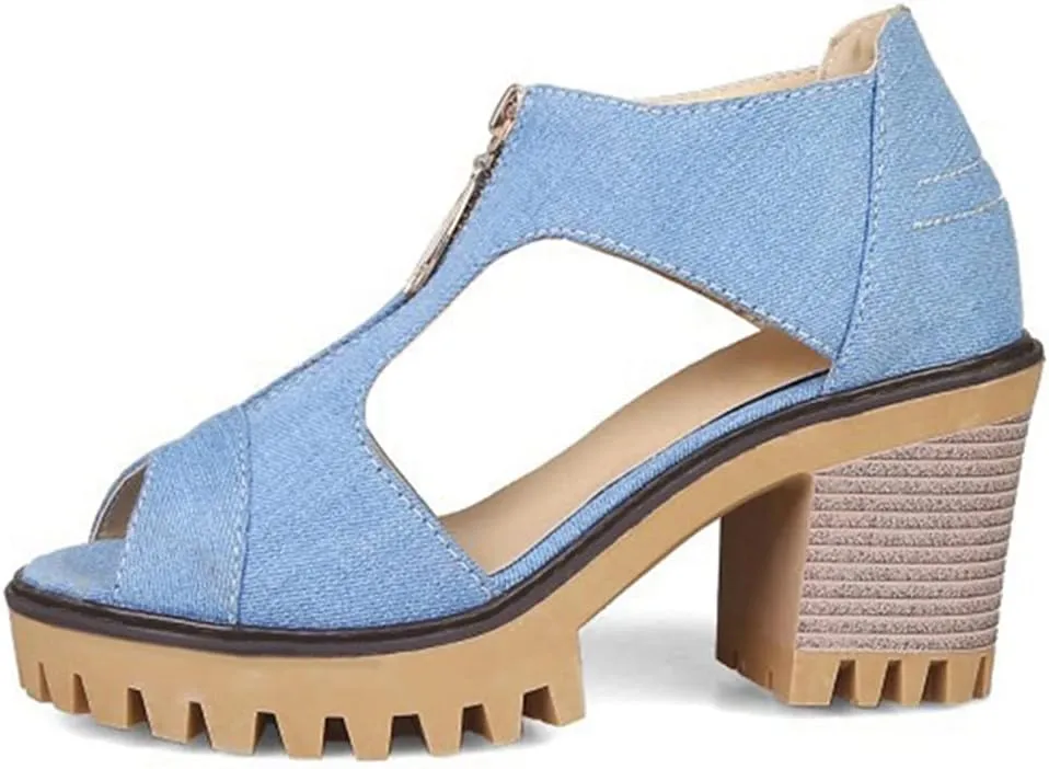 MIOKE Women's Chunky Stacked High Heels Sandals Peep Toe Denim Zipper Summer Platform Block Heeled Sandal