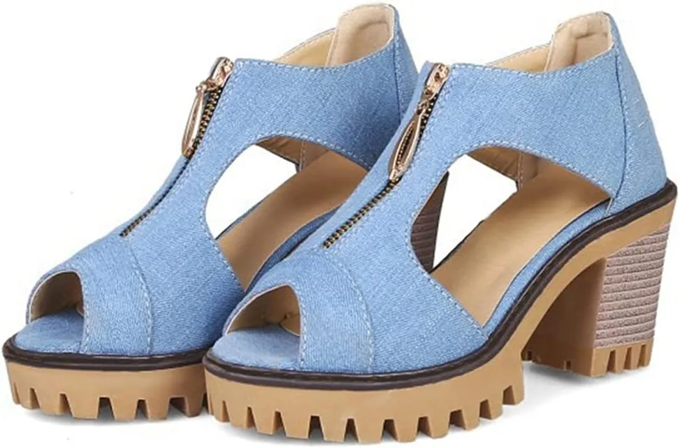 MIOKE Women's Chunky Stacked High Heels Sandals Peep Toe Denim Zipper Summer Platform Block Heeled Sandal