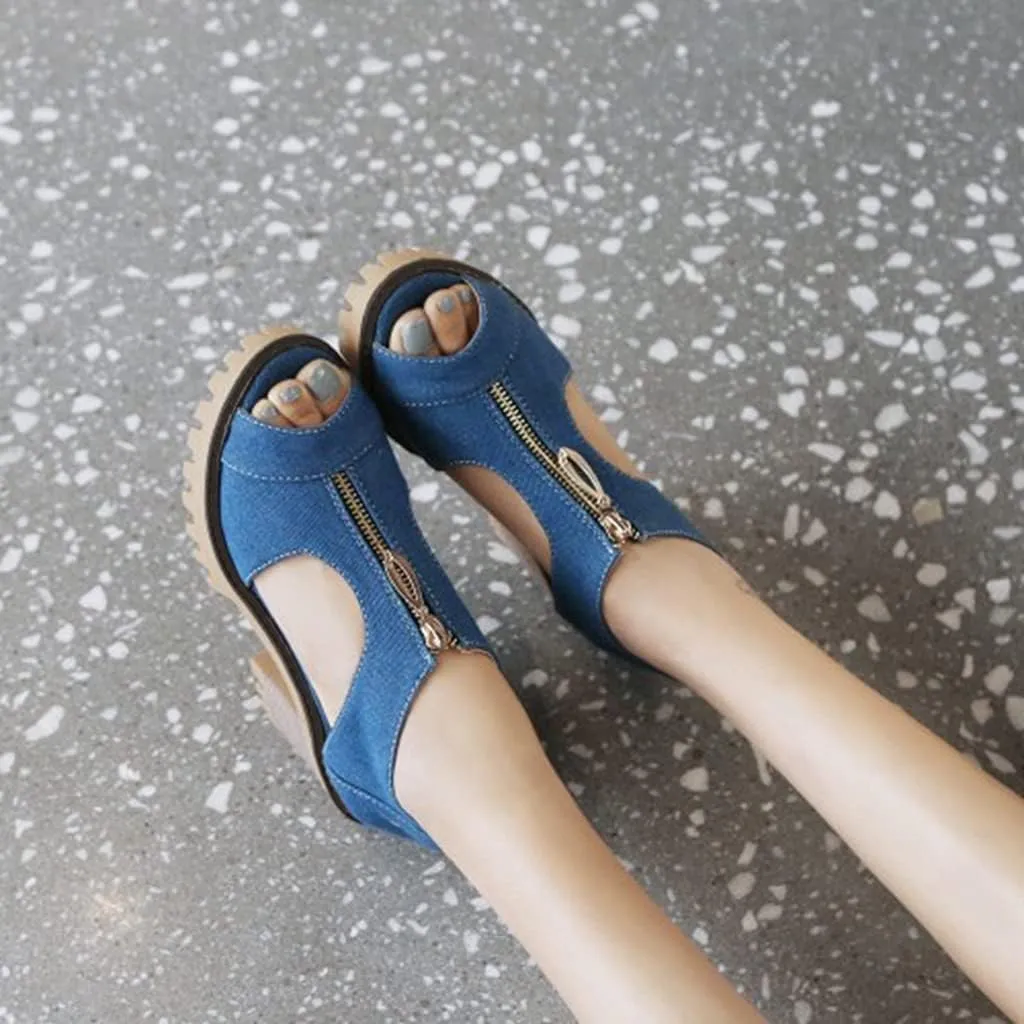 MIOKE Women's Chunky Stacked High Heels Sandals Peep Toe Denim Zipper Summer Platform Block Heeled Sandal