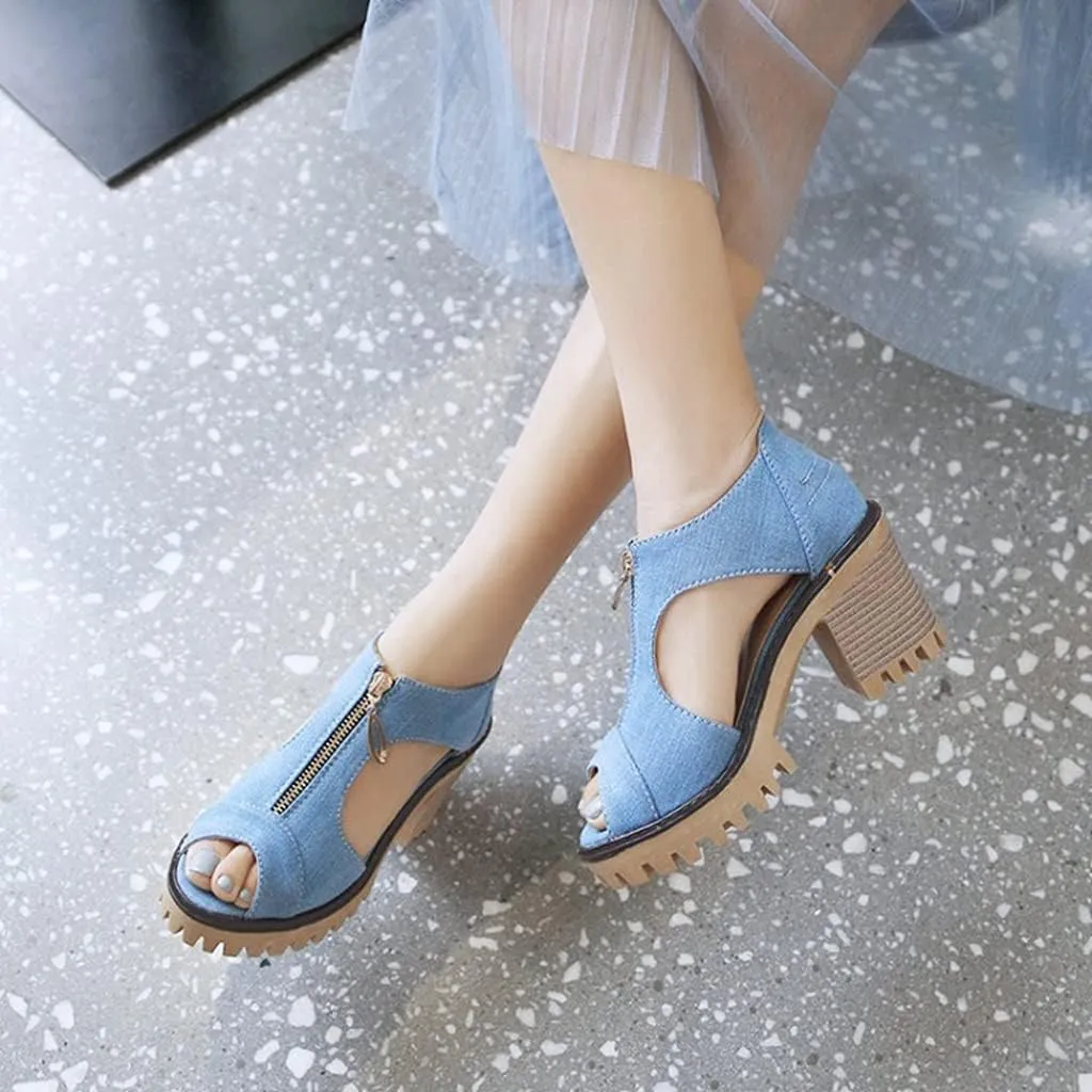MIOKE Women's Chunky Stacked High Heels Sandals Peep Toe Denim Zipper Summer Platform Block Heeled Sandal