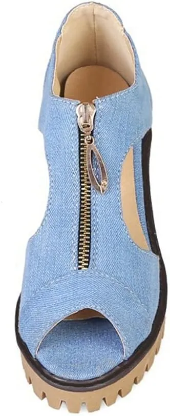 MIOKE Women's Chunky Stacked High Heels Sandals Peep Toe Denim Zipper Summer Platform Block Heeled Sandal