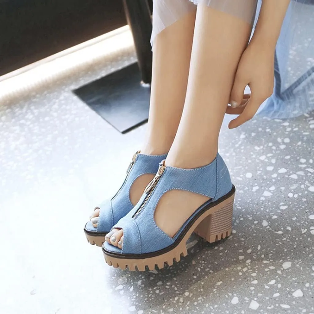 MIOKE Women's Chunky Stacked High Heels Sandals Peep Toe Denim Zipper Summer Platform Block Heeled Sandal
