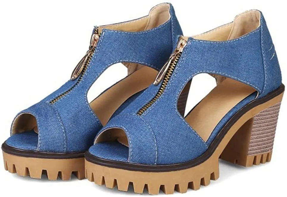 MIOKE Women's Chunky Stacked High Heels Sandals Peep Toe Denim Zipper Summer Platform Block Heeled Sandal