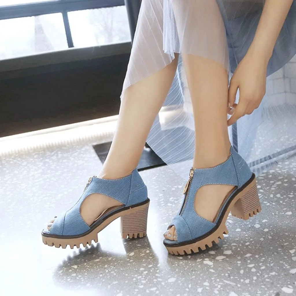 MIOKE Women's Chunky Stacked High Heels Sandals Peep Toe Denim Zipper Summer Platform Block Heeled Sandal