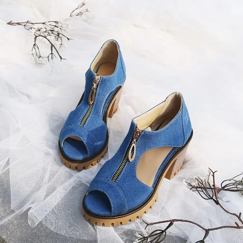 MIOKE Women's Chunky Stacked High Heels Sandals Peep Toe Denim Zipper Summer Platform Block Heeled Sandal