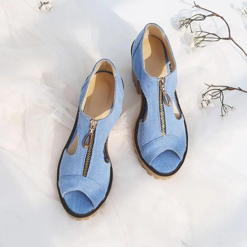 MIOKE Women's Chunky Stacked High Heels Sandals Peep Toe Denim Zipper Summer Platform Block Heeled Sandal