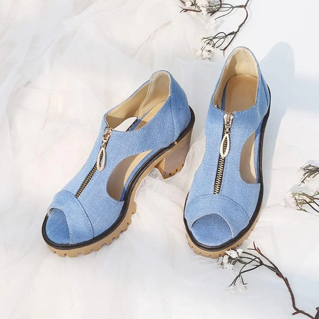 MIOKE Women's Chunky Stacked High Heels Sandals Peep Toe Denim Zipper Summer Platform Block Heeled Sandal